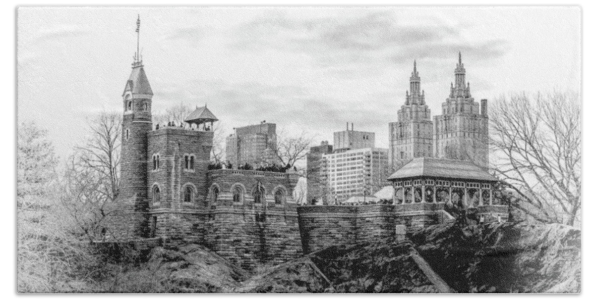 New York Bath Towel featuring the photograph New York City Central Park Belvedere Castle Black and White by Christopher Arndt