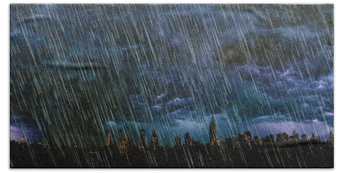 Water Bath Towel featuring the painting New York City Skyline Rain Storm by Tony Rubino