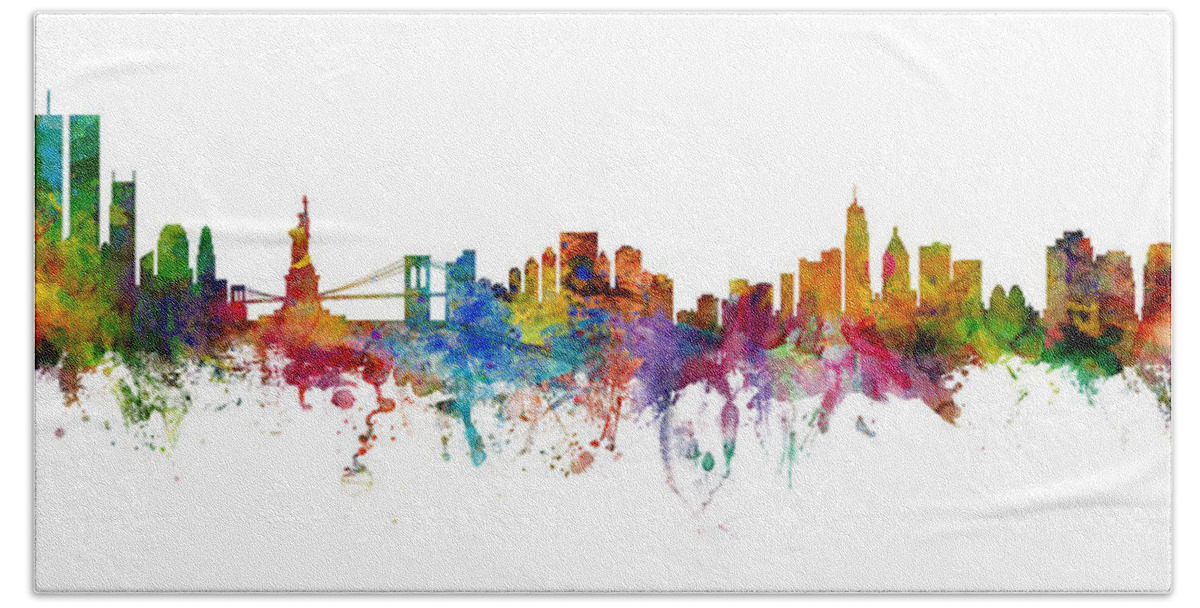 Cincinnati Hand Towel featuring the digital art New York City Twin Towers and Cincinnati Skyline Mashup by Michael Tompsett