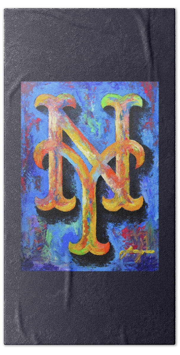 Baseball Bath Towel featuring the painting New York METS Baseball by Dan Haraga