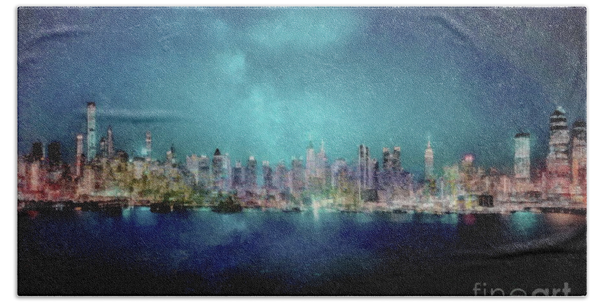 New York Bath Towel featuring the digital art New York Night Panorama by Jerzy Czyz