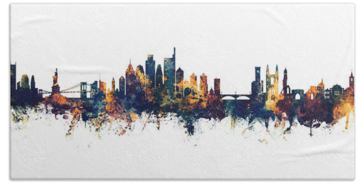 New York Bath Towel featuring the digital art New York, Philadelphia and St Andrews Skyline Mashup by Michael Tompsett