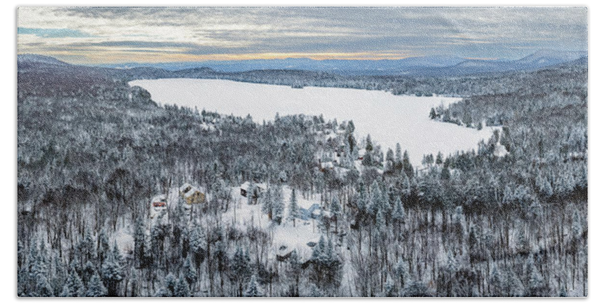 Snow Bath Towel featuring the photograph Newark Pond Vermont Panorama - December 2021 by John Rowe