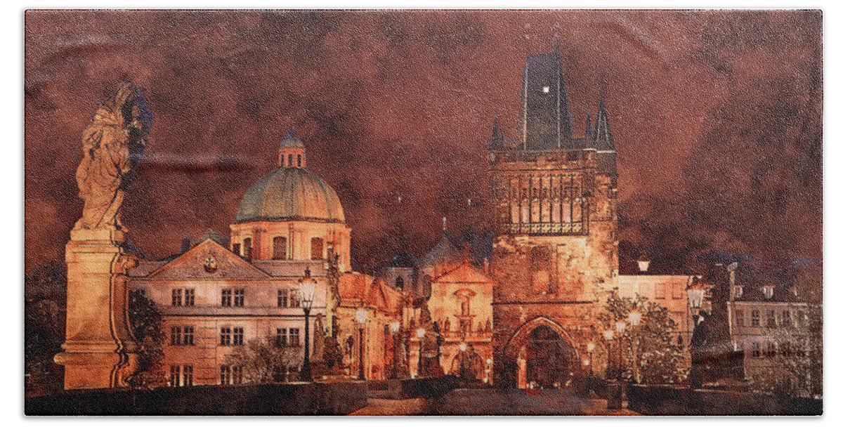 Prague Bath Towel featuring the painting Night at Charles Bridge in Prague by Alex Mir