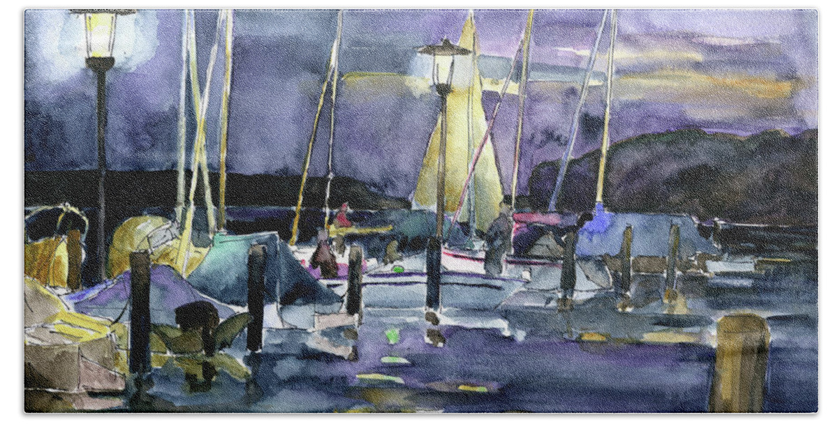 Watercolorpainting Hand Towel featuring the painting Night At The Marina by Barbara Pommerenke