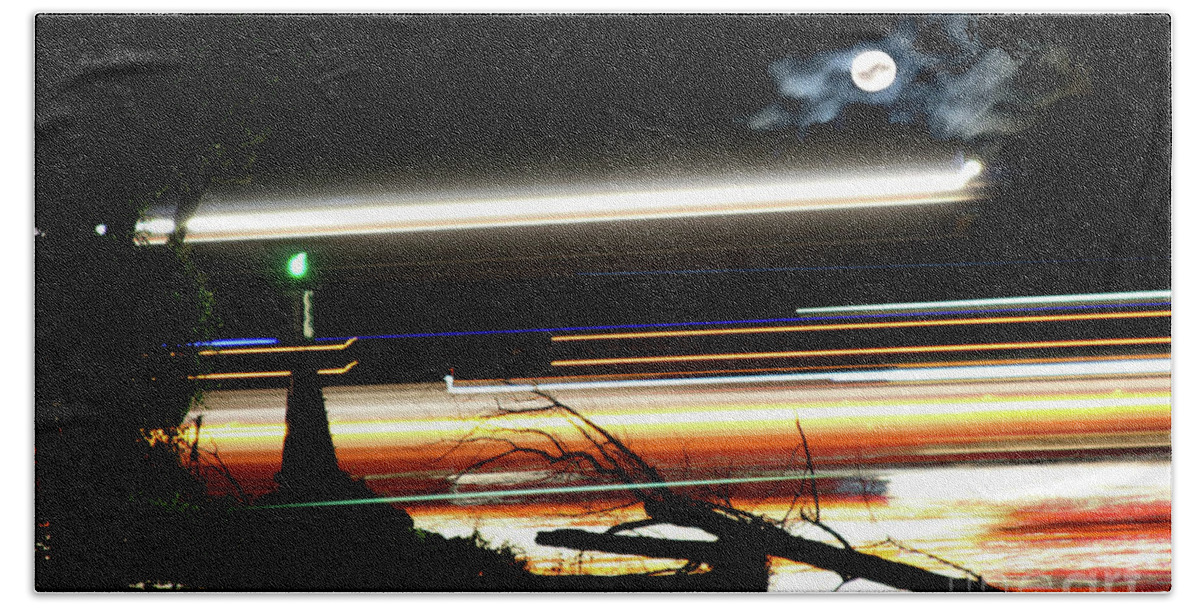 Night Hand Towel featuring the photograph Night Barge and Moon by Pete Klinger