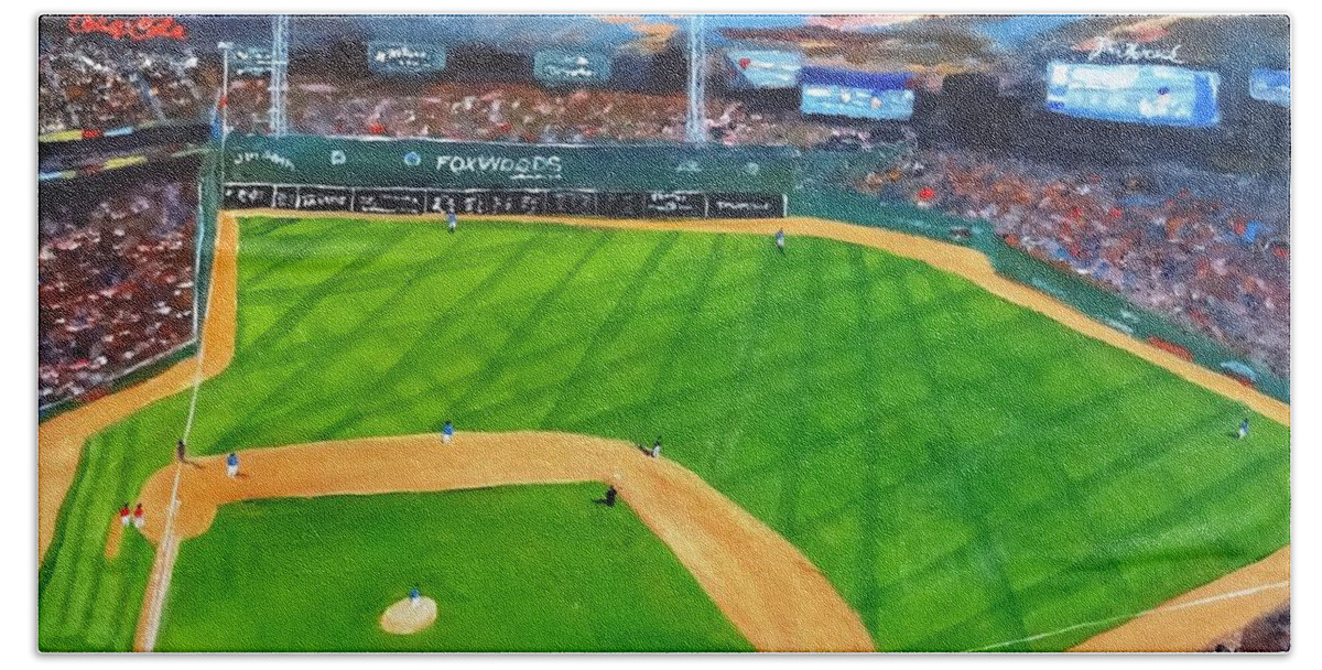 Baseball Bath Towel featuring the painting Night Game Fenway Park by Brent Arlitt