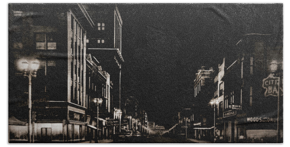 Evansville Bath Towel featuring the photograph Night Scene Downtown Main Street by Susan Hope Finley