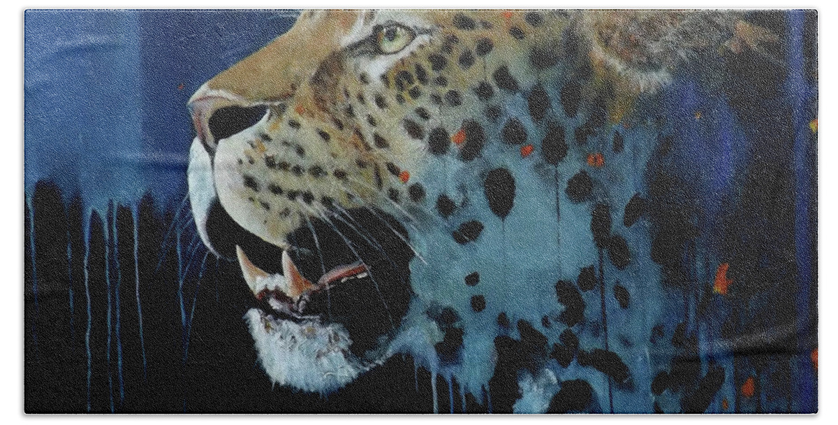 Leopard. Bigcat Bath Towel featuring the painting Night Stalker by Barry BLAKE