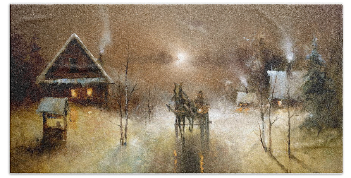 Russian Artists New Wave Bath Towel featuring the painting Night Thaw in Winter Village by Igor Medvedev