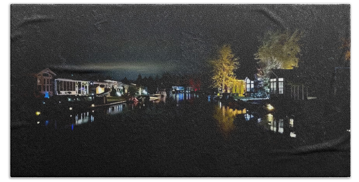 Lake Bath Towel featuring the digital art Nighttime Waterside Living by Shehan Wicks