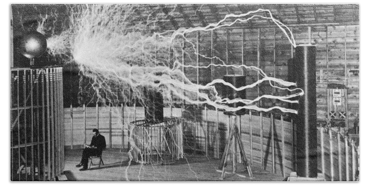 Nikola Tesla Bath Towel featuring the photograph Nikola Tesla - Bolts Of Electricity by War Is Hell Store