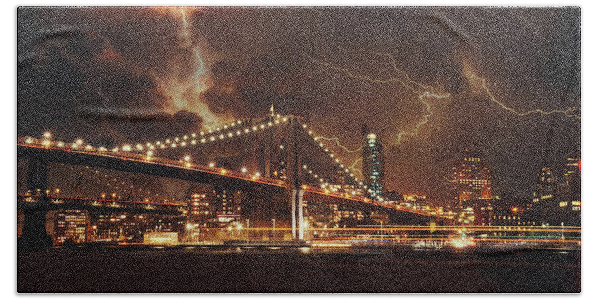  Downtown Bath Towel featuring the photograph Lightning over the Brooklyn Bridge by Montez Kerr
