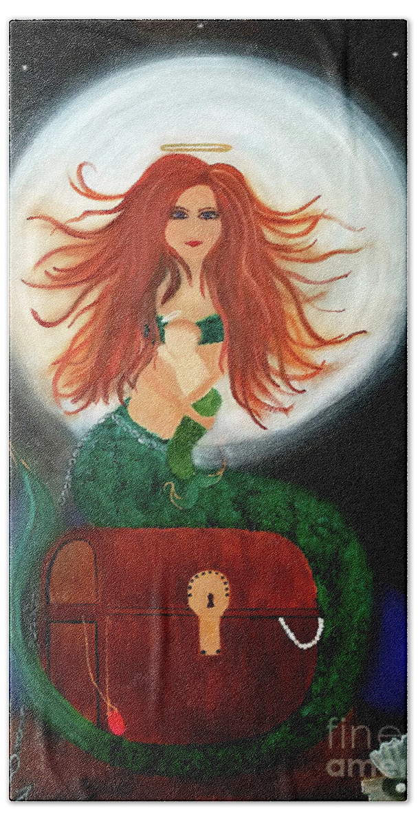 Mermaid Bath Towel featuring the painting No Greater Treasure by Artist Linda Marie