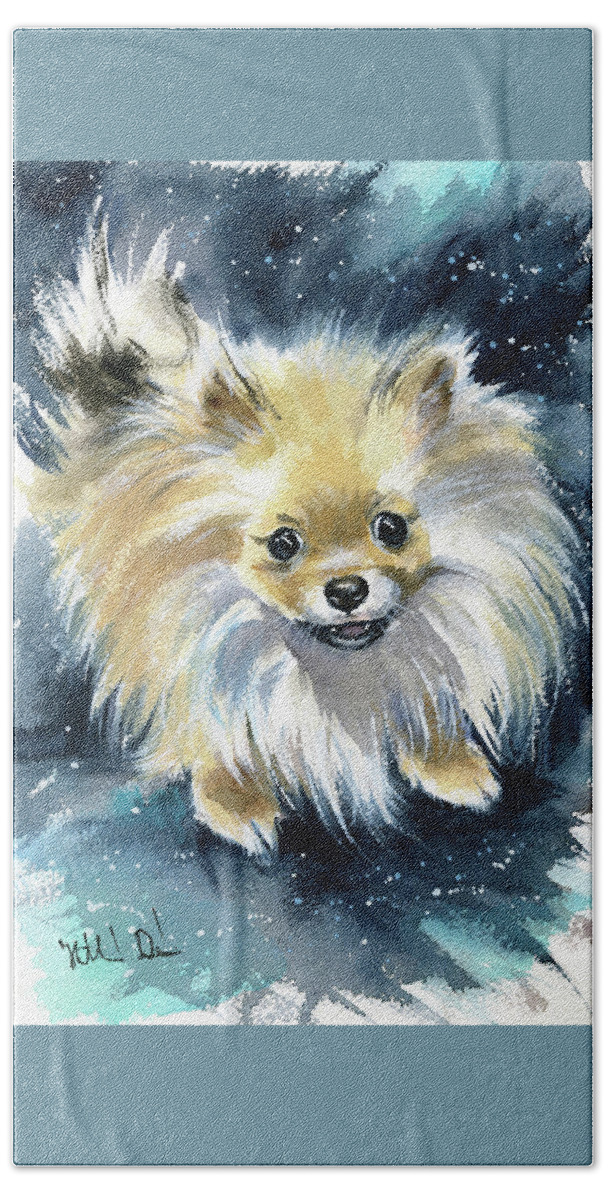 Pomeranian Bath Towel featuring the painting Noce Pomeranian Puppy Painting by Dora Hathazi Mendes