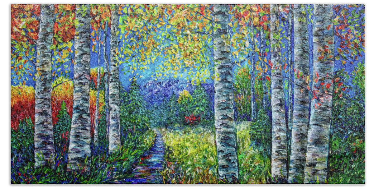 Nature Hand Towel featuring the painting Nocturne Blue with Aspen Trees by OLena Art
