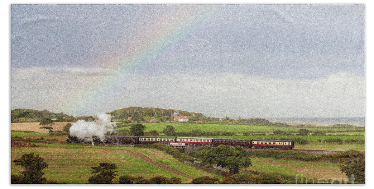 Weybourne Bath Towel featuring the photograph Norfolk steam train with Weybourne windmill and rainbow by Simon Bratt