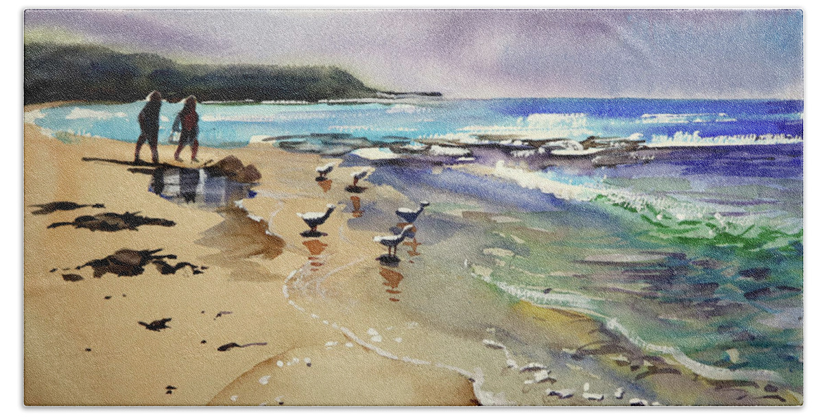 Purple Sky Bath Towel featuring the painting North Beach with Birds by Shirley Peters