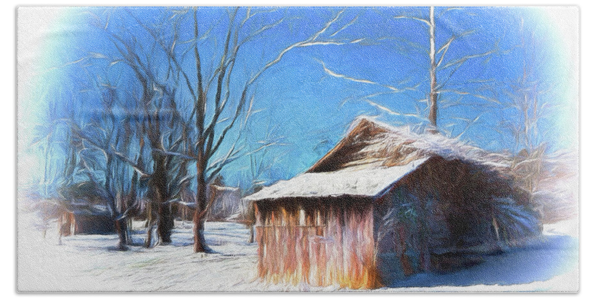 Mountains Bath Towel featuring the painting North Carolina Winter Snow Cabin Trees ap 1213 by Dan Carmichael