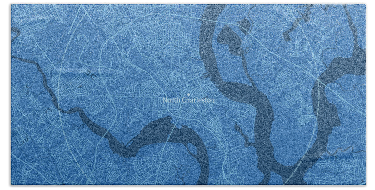 South Carolina Bath Sheet featuring the digital art North Charleston SC City Vector Road Map Blue Text by Frank Ramspott