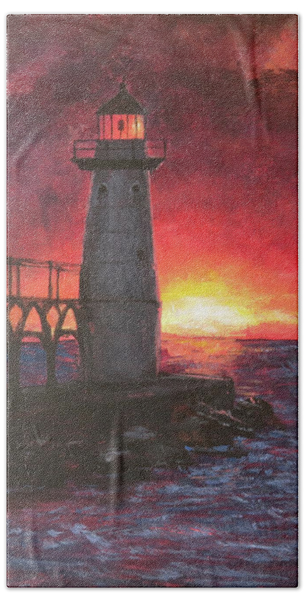 North Pierhead Hand Towel featuring the painting North Pierhead Lighthouse by Zan Savage