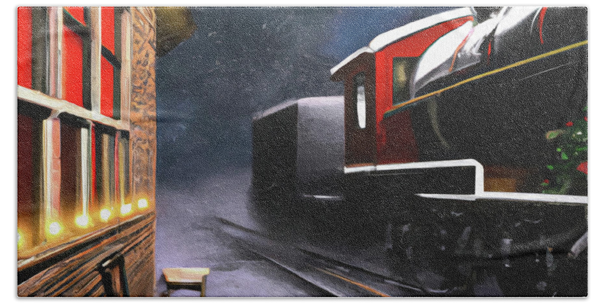 Steam Train Bath Towel featuring the digital art North Pole Station by Alison Frank