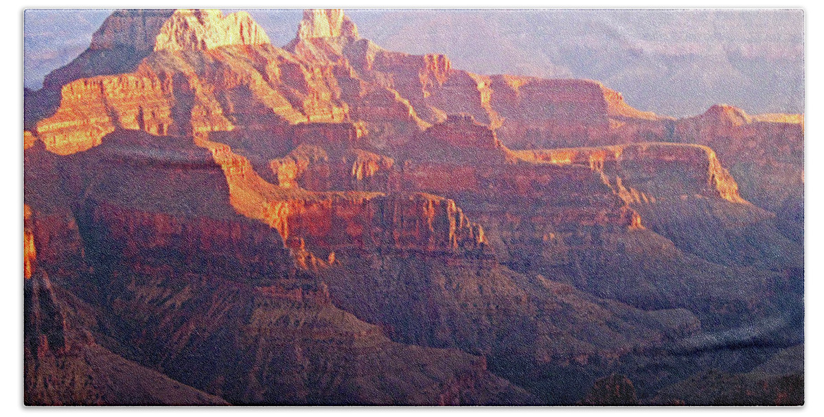Landscape; Photograph; Grand Canyon; North Rim; National Park; Sunset; Southwest; West; Arizona; Utah; Shadows; Haze; Hazy; Mountains; Valley; Trees; Nature; Natural; Outdoors; Hiking; Walking; Exploring; Outdoors; Nature; Natural; Red Rock; Rocks; Boulders; Weathered; Summer; Scenic; Treasure; Historic; Geology; Sharon; Eng; Sharon Eng; Art; Image; Home; Decor; Business; Corporate; Office; Wall; Decor; Decorating Bath Towel featuring the photograph North Rim Sunset by Sharon Williams Eng