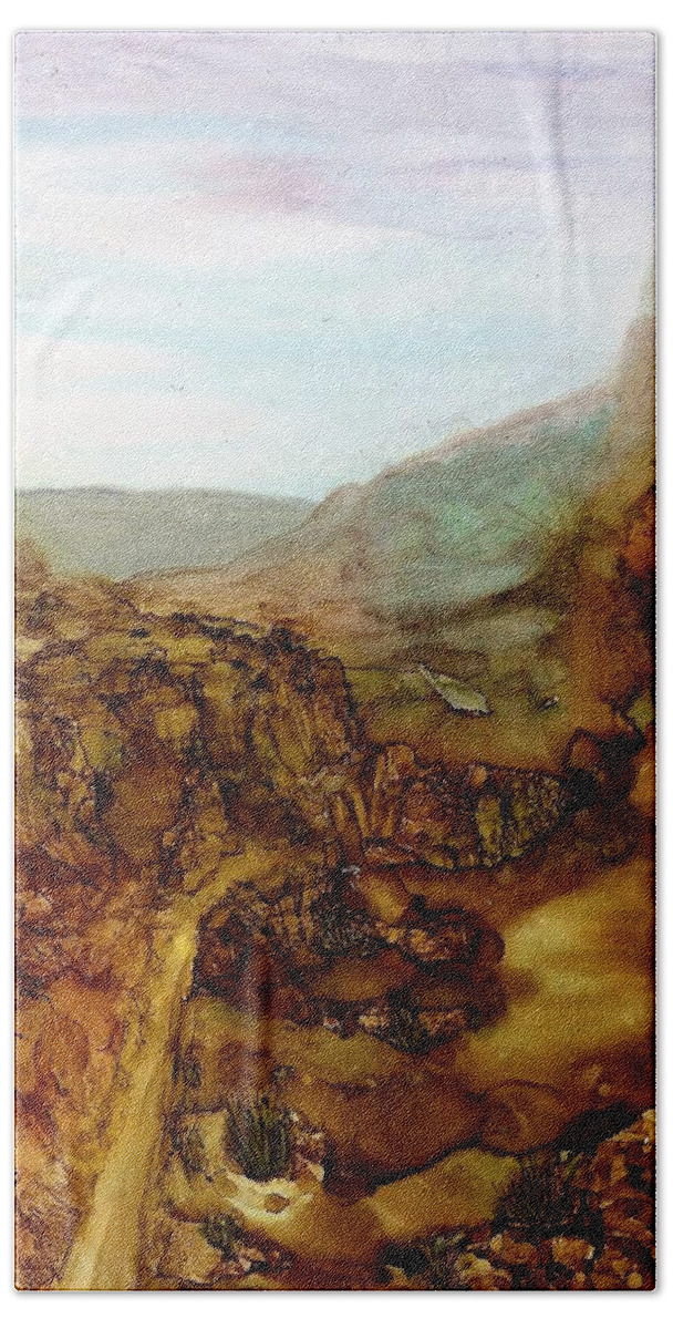 Alcohol Ink Hand Towel featuring the painting North through the canyon by Angela Marinari