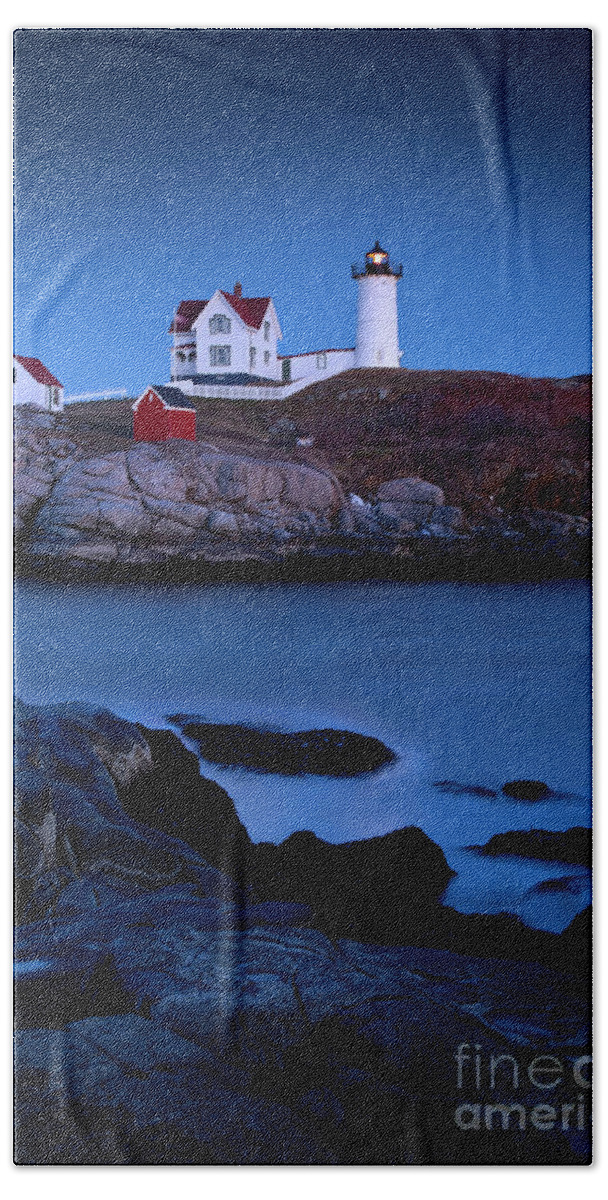 Nubble Hand Towel featuring the photograph Nubble Lighthouse by Brian Jannsen