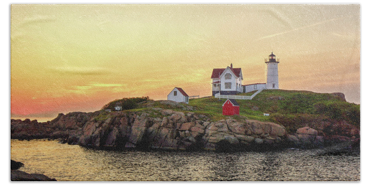 Nubble Lighthouse Hand Towel featuring the photograph Nubble Lighthouse Sunrise by Deb Bryce