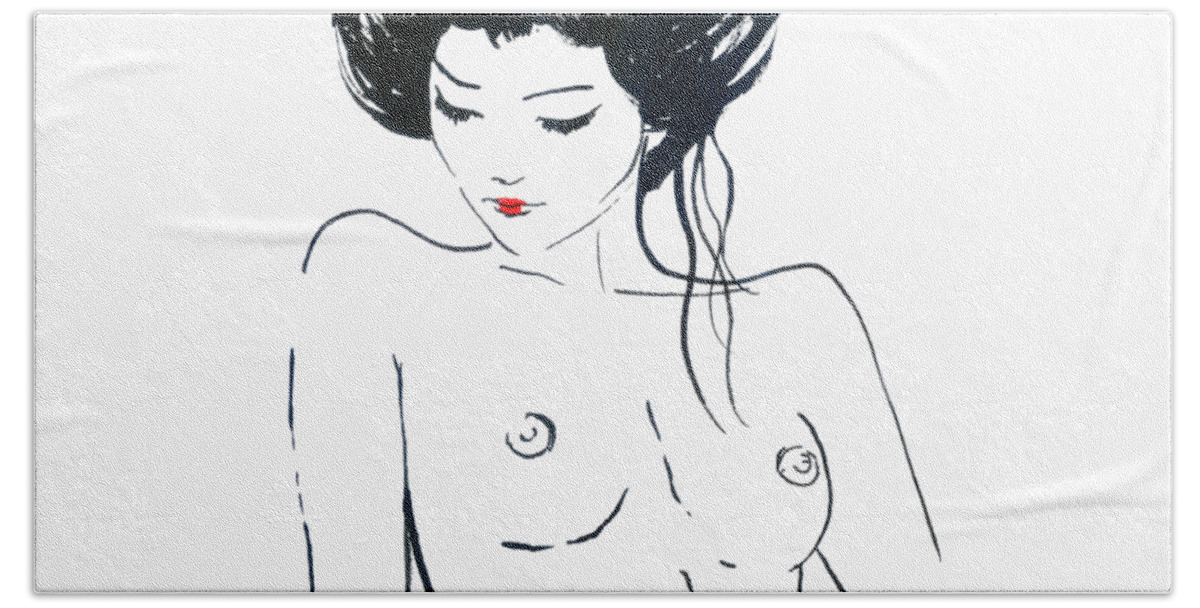 Geisha Hand Towel featuring the drawing Nude Geisha by Pechane Sumie