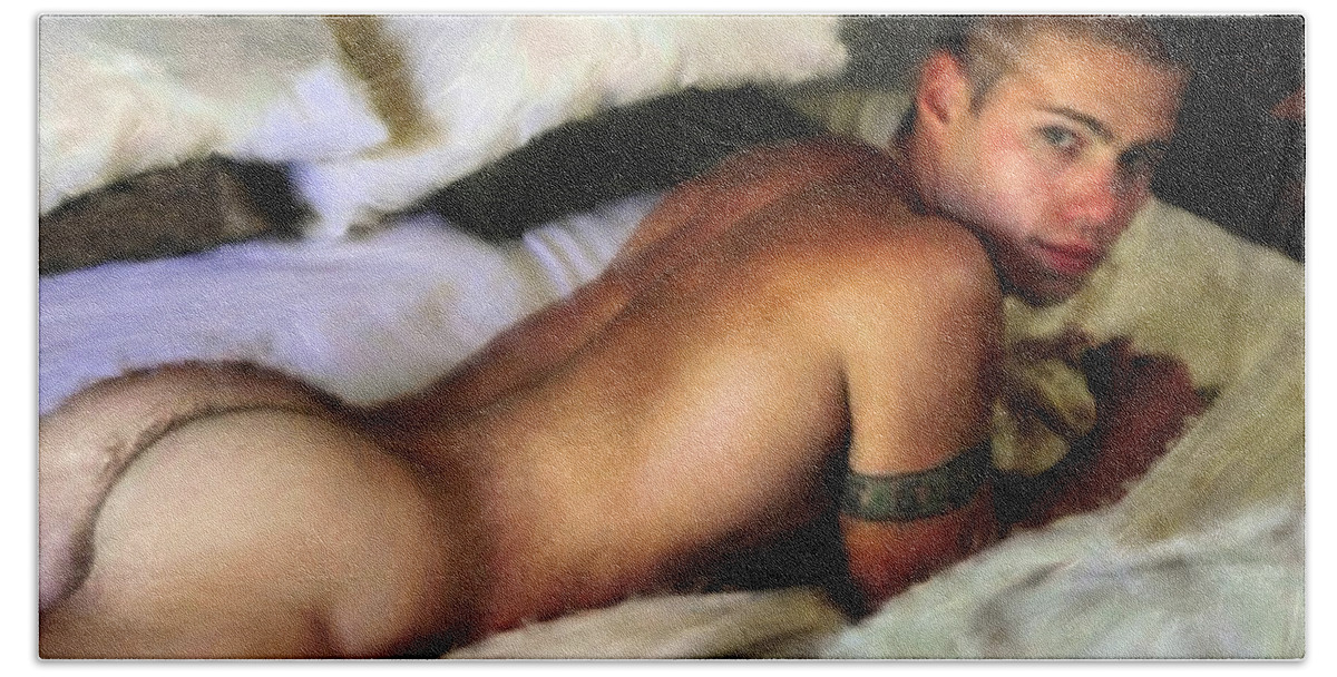 Nude Bath Towel featuring the painting Nude on a Bed by Troy Caperton