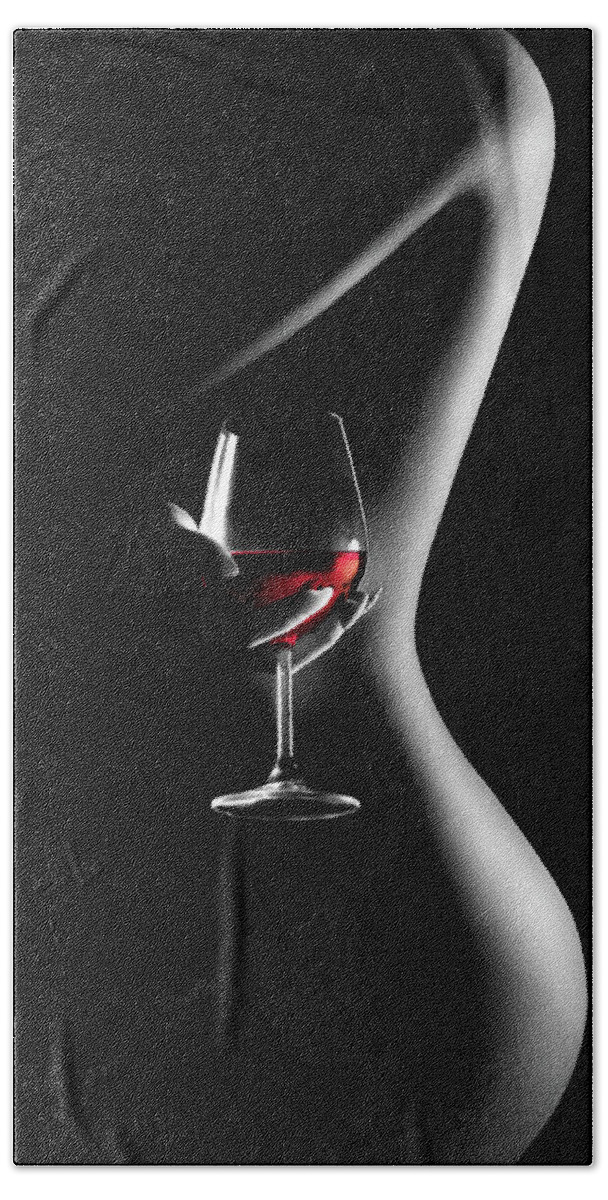 Woman Hand Towel featuring the photograph Nude woman red wine 3v2 by Johan Swanepoel