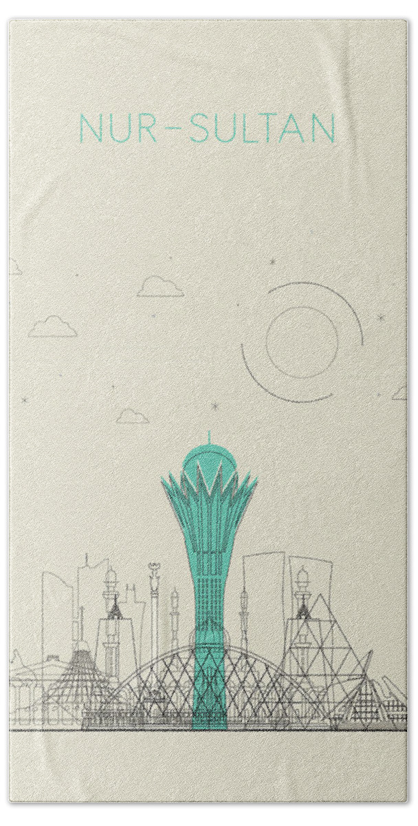 Nur-sultan Bath Towel featuring the drawing Nur-Sultan Astana, Kazakhstan Abstract City Skyline by Inspirowl Design