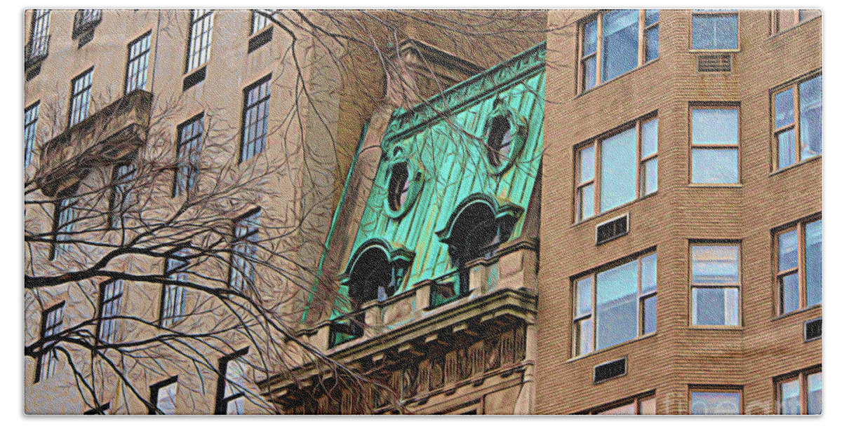 New York Bath Towel featuring the mixed media NYC Architecture 3 by Chuck Kuhn