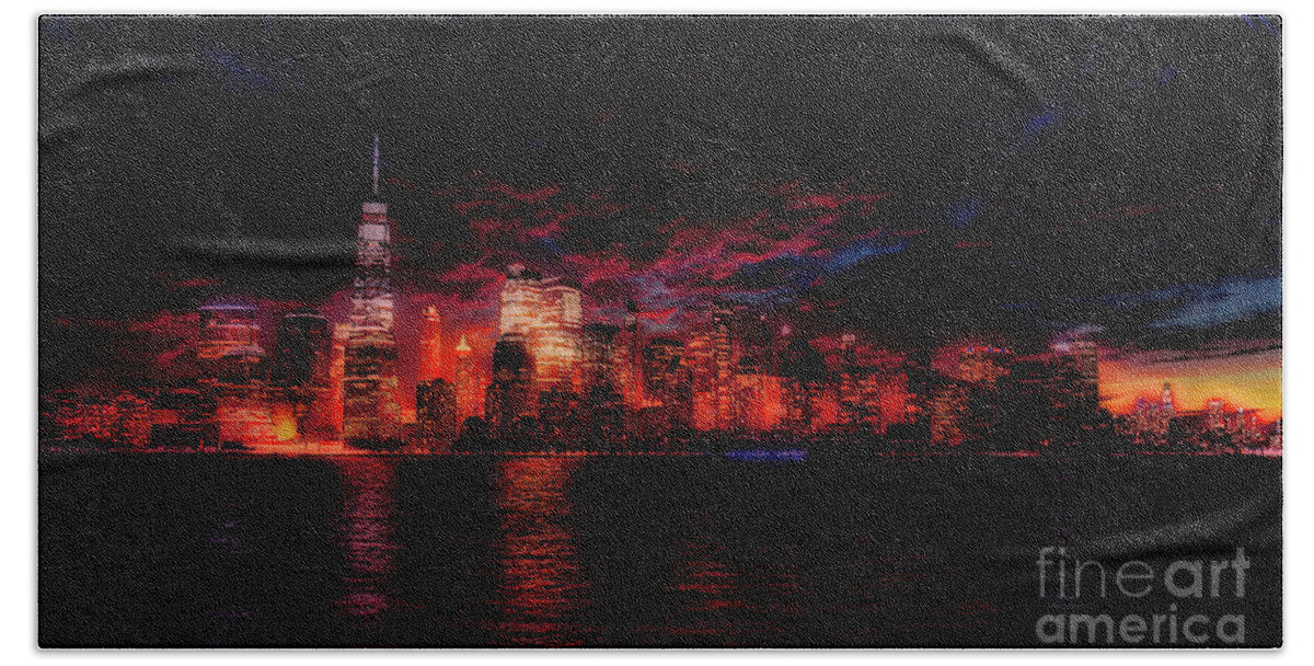 Nyc Bath Towel featuring the photograph NYC in fire by PatriZio M Busnel