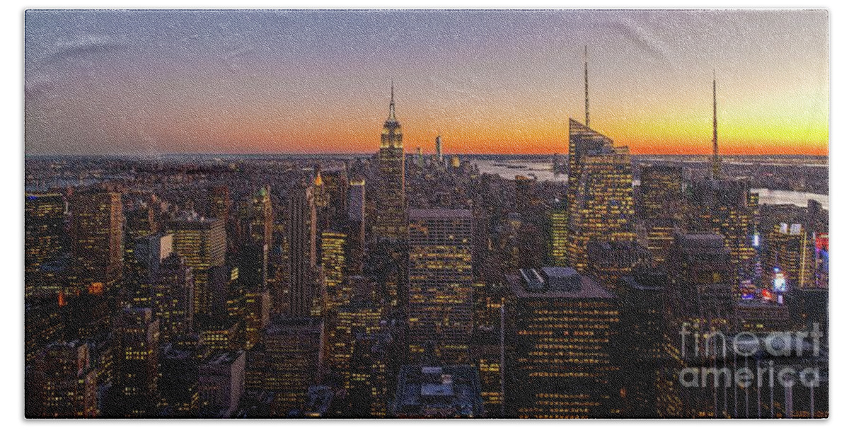 America Hand Towel featuring the photograph NYC Top of the Rock Sunset by Mike Reid