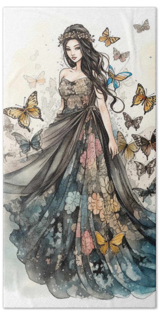 Butterfly fantasy portrait butterflies dress fashion watercolor asian japanese digitalart conceptart color colorful Hand Towel featuring the digital art Nymph by David April