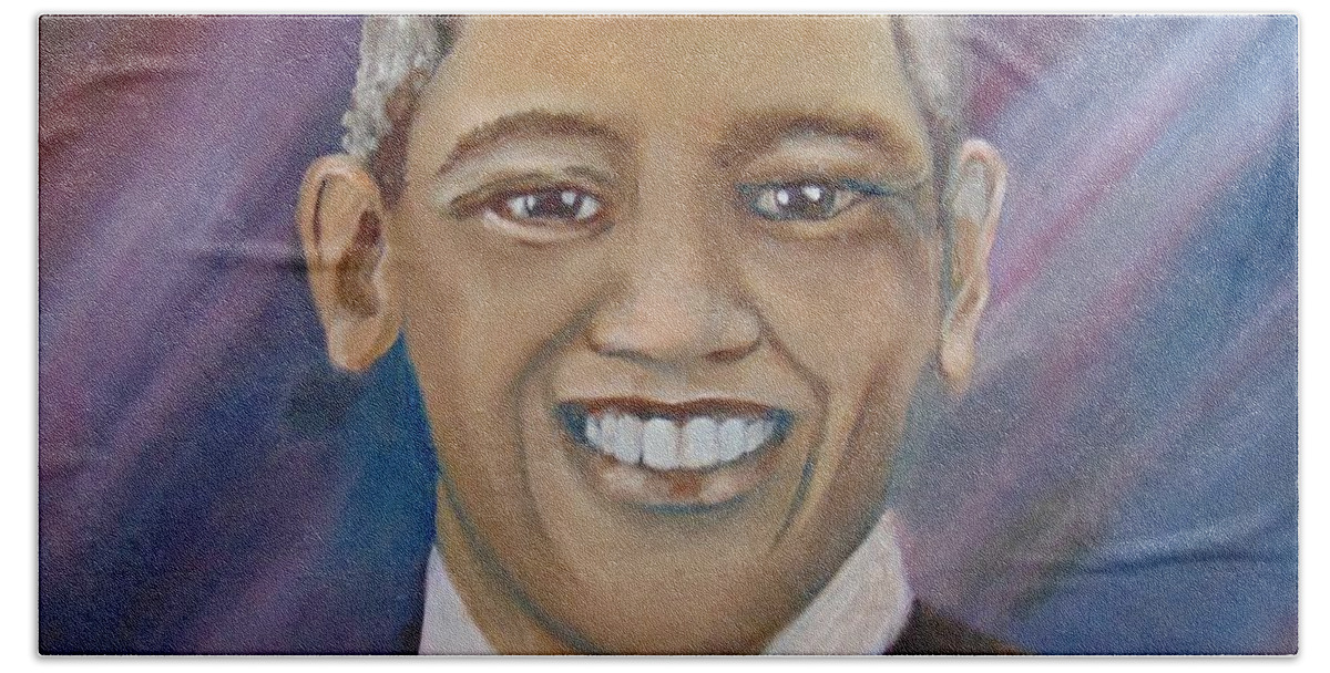 Presidents Bath Towel featuring the painting Obama Portrait by Saundra Johnson