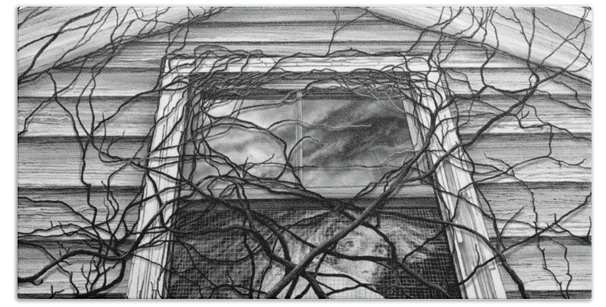 Vines Creeping Up The Side Of A House; Ominous Sinister And Spooky; Hyper Realism Spiritual Allegory Artwork; Bendykowski Self Portrait In Window; Stormy Sky Reflection In Window Hand Towel featuring the drawing Observation 2022 by Steve Bendykowski