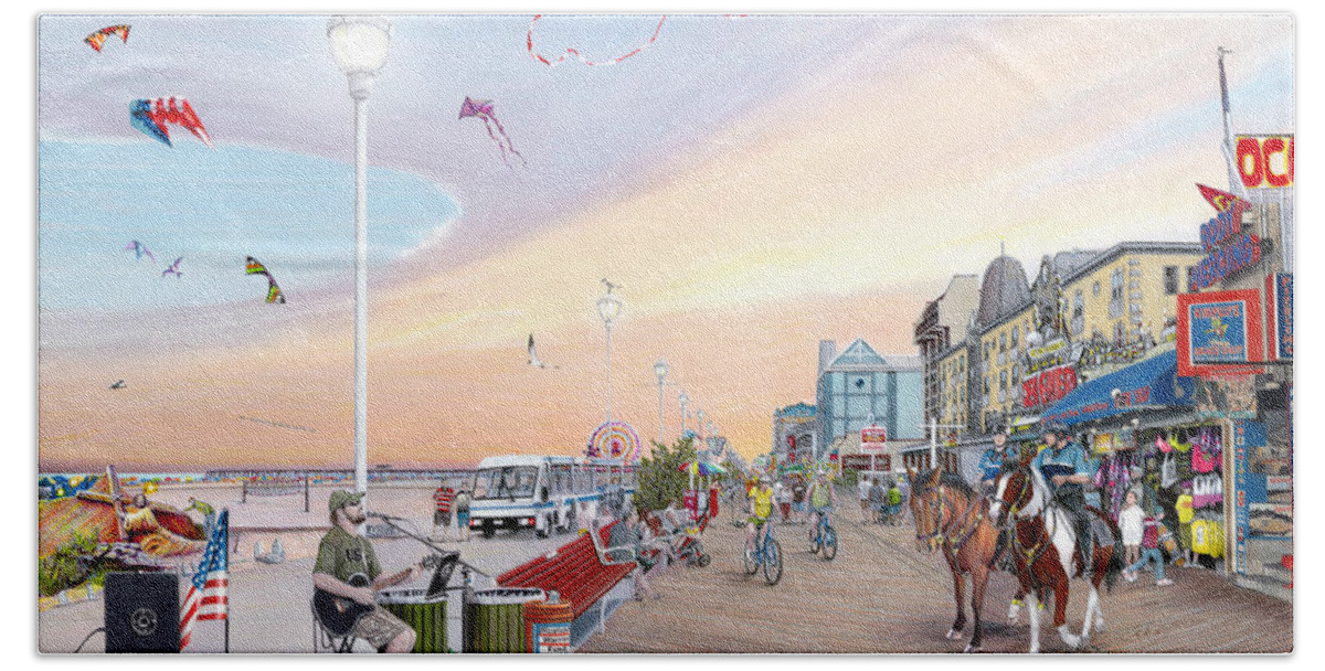 Boardwalk Hand Towel featuring the painting Ocean City Maryland by Albert Puskaric