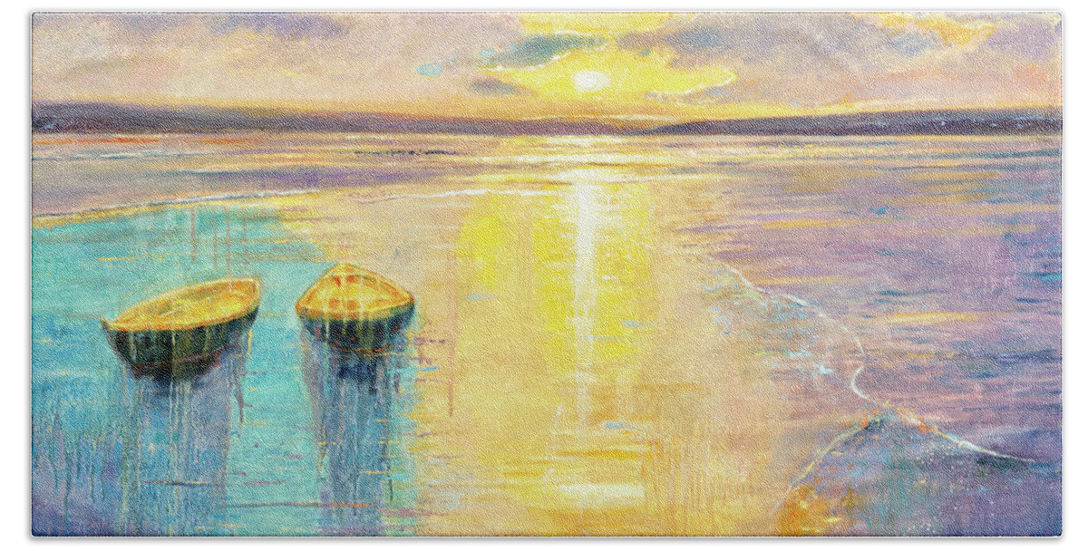 Landscape Hand Towel featuring the painting Ocean Sunset by Shijun Munns