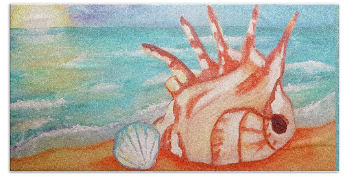 Seashell Hand Towel featuring the painting Ocean View with Seashells Imagine #3 by Rose Lewis