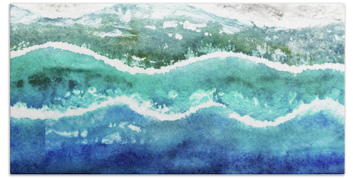 Waves Bath Towel featuring the painting Ocean Waves On White Sand Beach Watercolor by Irina Sztukowski