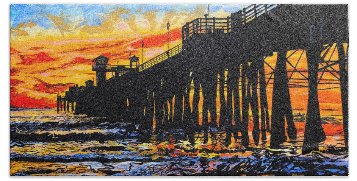 Pier Hand Towel featuring the painting Oceanside Pier Fire and Ice by Sergio Gutierrez