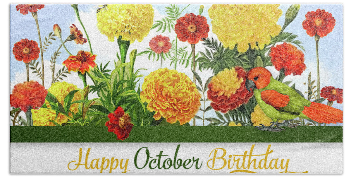 Birthday Hand Towel featuring the digital art October Birthday Marigolds with Bee and Parakeet by Doreen Erhardt