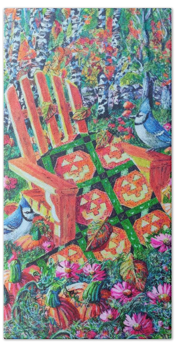 October Pumpkins Featuring A Happy Jack-o-lantern Pumpkin Quilt. Bath Towel featuring the painting October Pumpkins by Diane Phalen