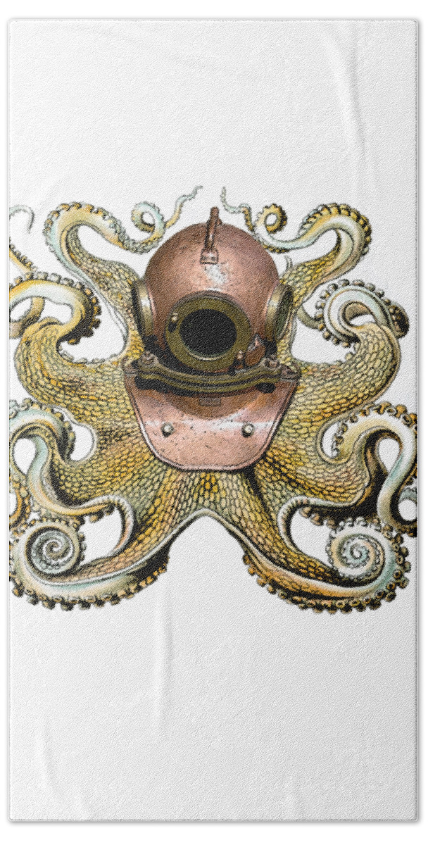 Octopus Hand Towel featuring the digital art Octopus with Diving Helmet by Madame Memento