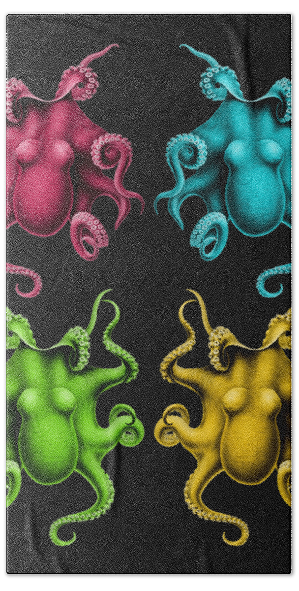 Octopus Hand Towel featuring the digital art Octopuses On Black Background by Madame Memento