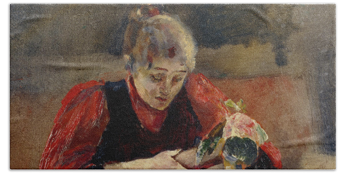 Christian Krohg Bath Towel featuring the painting Oda sits and read, 1888 by O Vaering by Christian Krohg